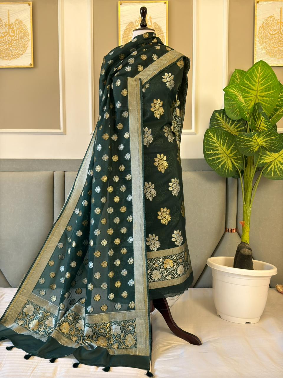 Pure Banarasi Tasser Silk Work Unstitched Suit