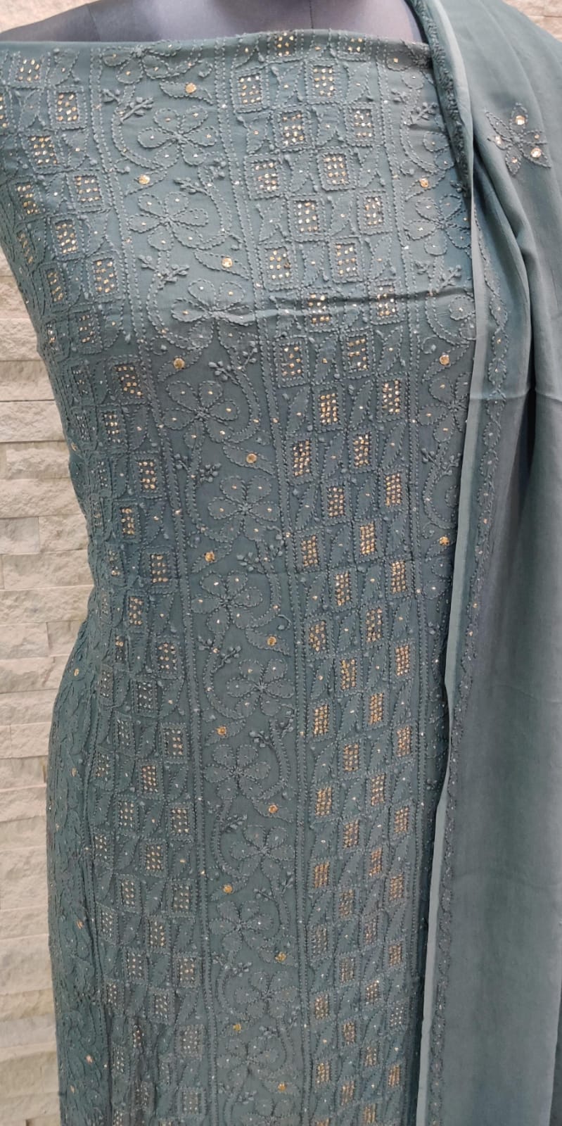 Pure Viscose Georgette Chikankari Hand Embroidery And Mukesh Work Unstitched Suit.