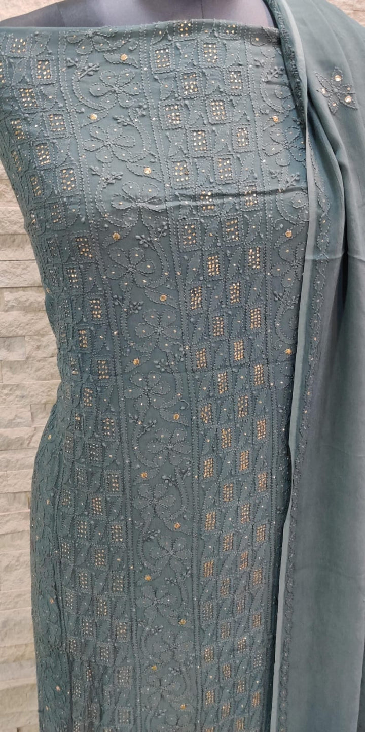 Pure Viscose Georgette Chikankari Hand Embroidery And Mukesh Work Unstitched Suit.