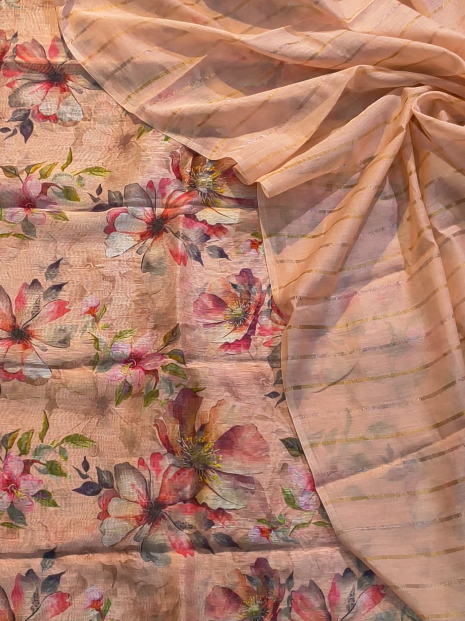 Pure Linen Silk Digital Printed Unstitched Suit  with Mulmul Silk Rupa Sona Striped Dupatta
