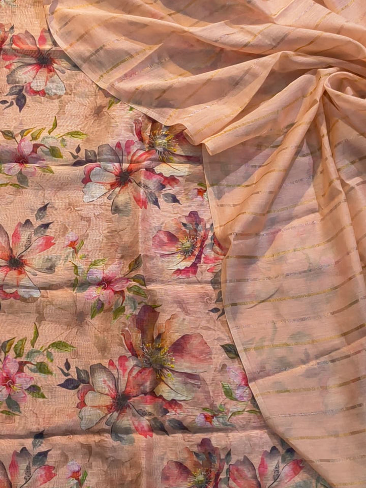 Pure Linen Silk Digital Printed Unstitched Suit  with Mulmul Silk Rupa Sona Striped Dupatta
