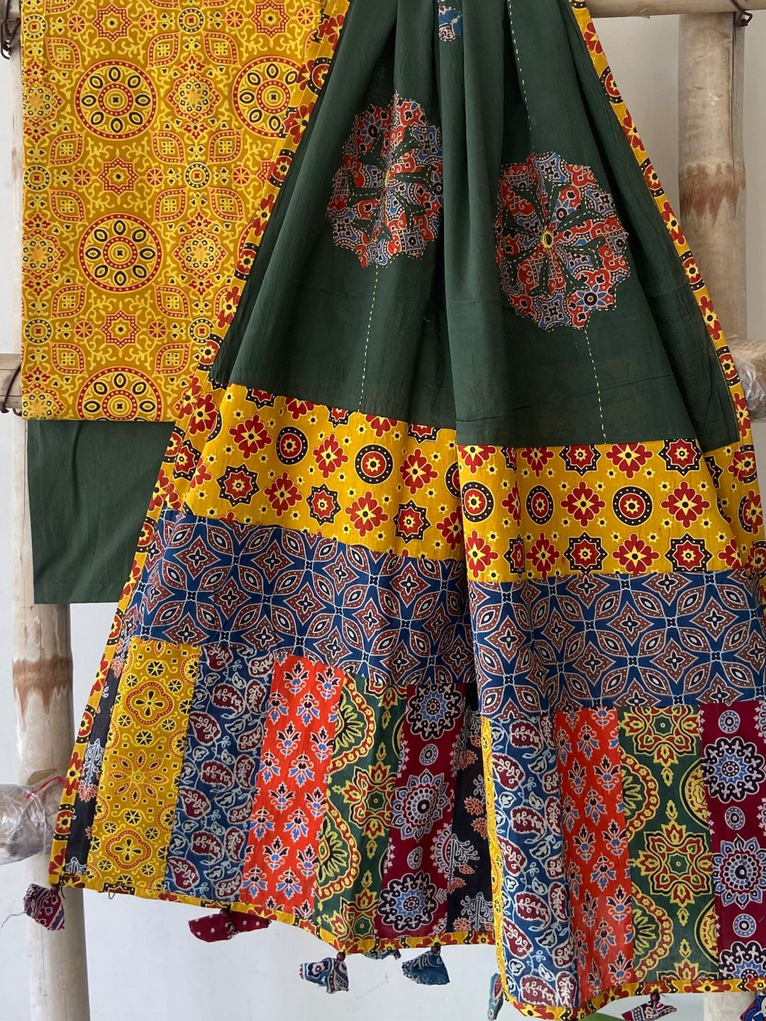 Pure Cotton Azrakh Print Unstitched suit With Hand kantha Work Dupatta