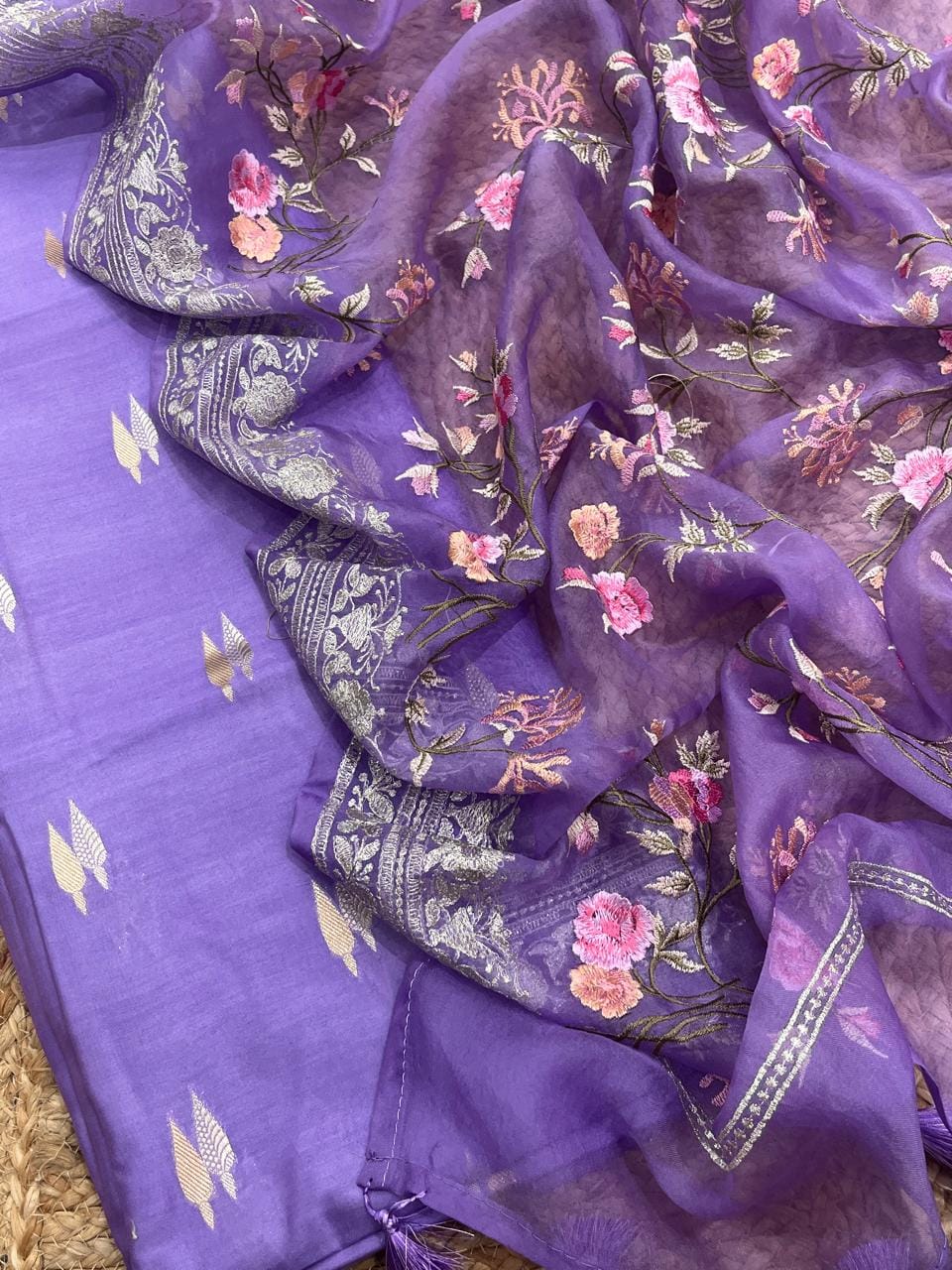 Pure Banarasi Resham Chanderi Silk Unstitched Suit With Organza Dupatta