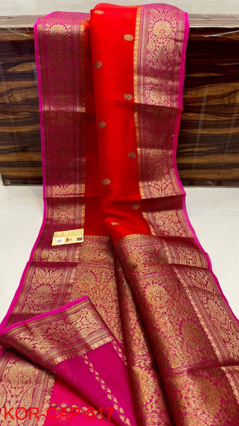 Pure Banarasi Kora Organza Silk Handwoven Zari Work Saree. With Silk Mark Certificate ( Length- 6.3 Meter )