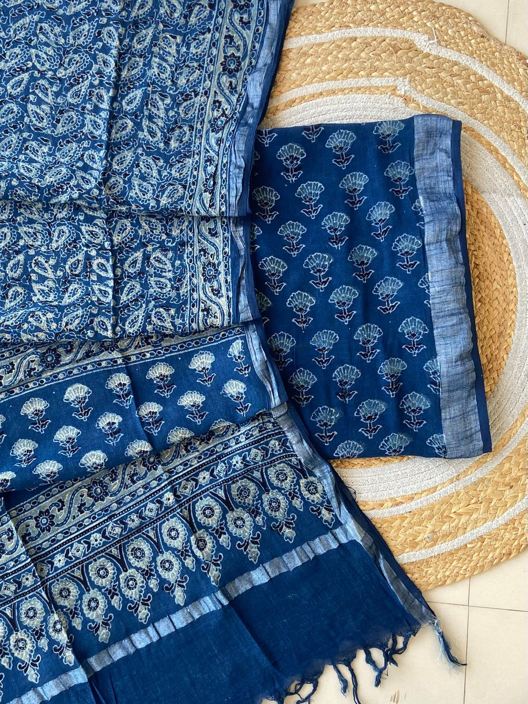 Exclusive Azrakh Hand block Pure Cotton Linen 2-Piece Unstitched Suit  With Dupatta