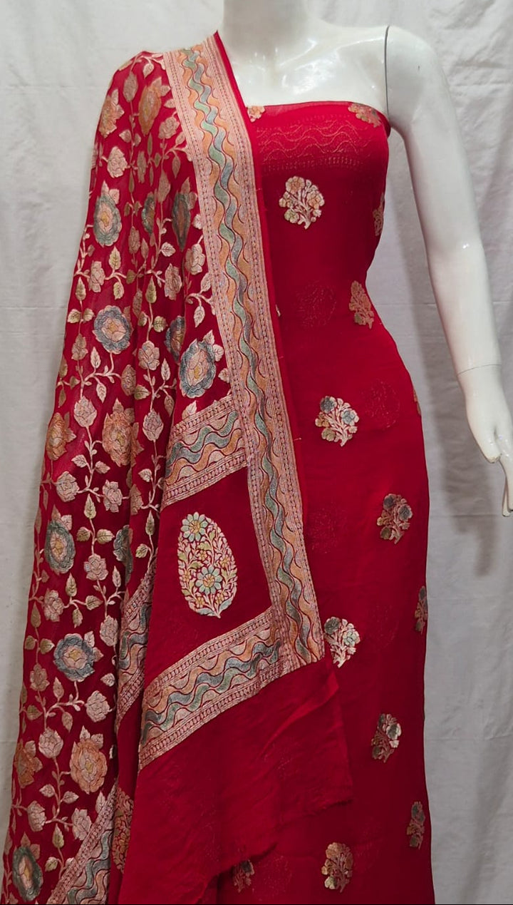 Pure Khaddi Chiffon Unstitched Suit With Water Zari Work.