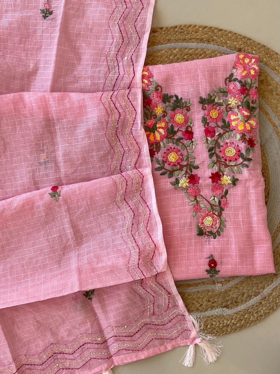 Pure Kota Doriya Silk Kurta And Dupatta With Neck Hand Work Emobroidery Unstitched Suit