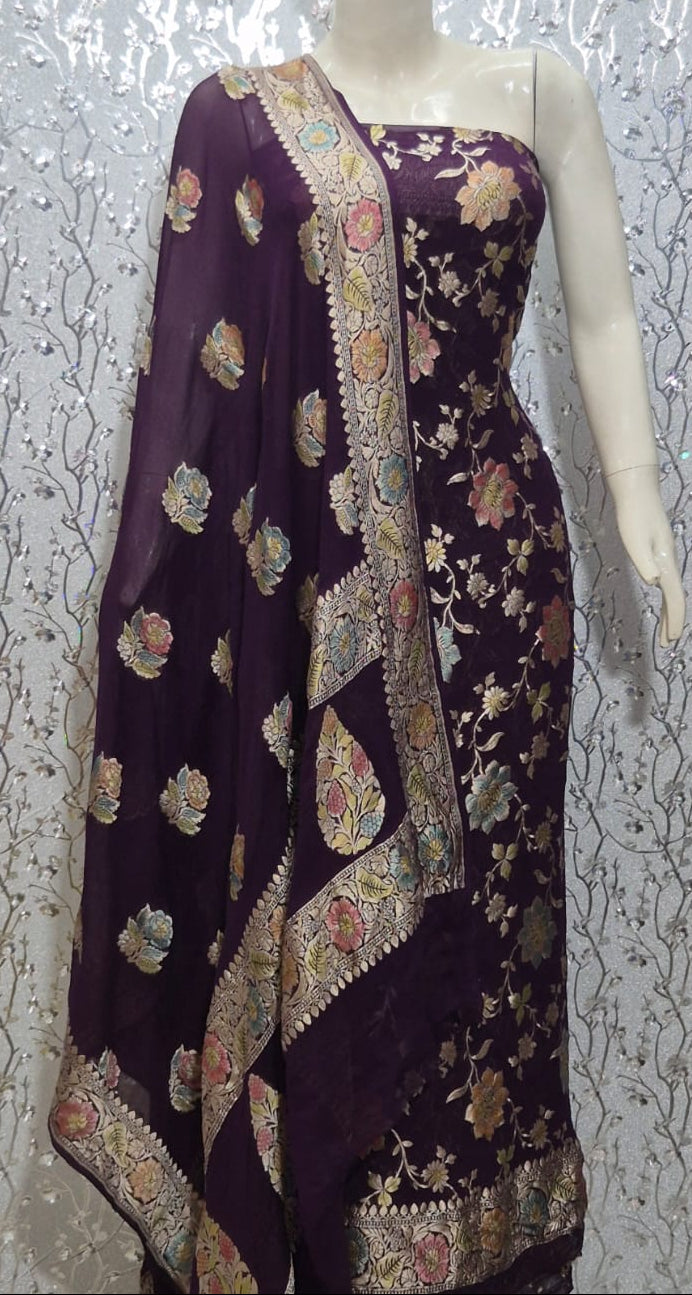 Pure Khaddi Chiffon Unstitched Suit With Water Zari Work.