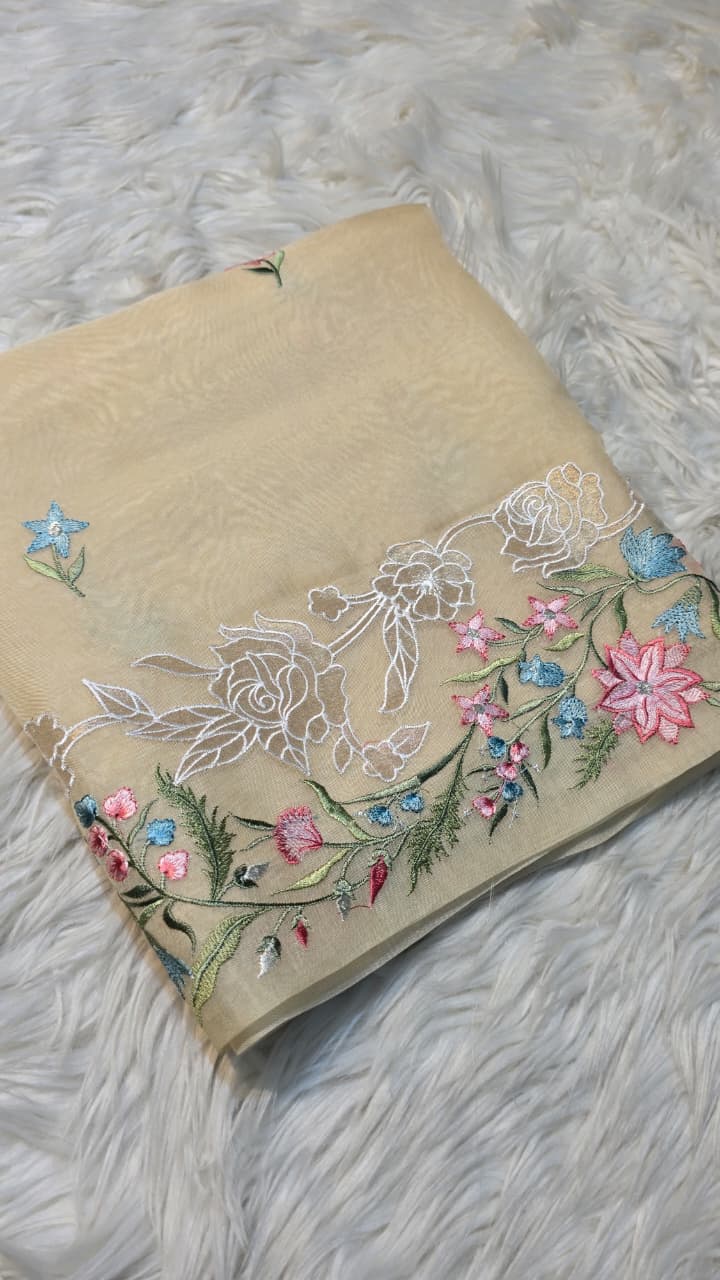 Pure Banarasi Organza Silk Applique Work Unstitched Suit.