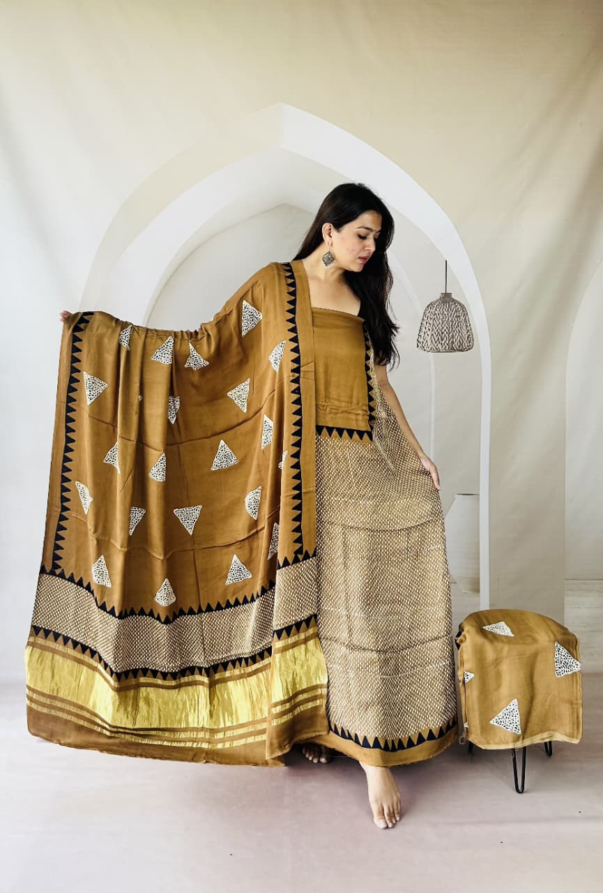 Pure Modal Silk Ajrakh Hand Block Zari Pallu Weaved 3pc Unstitched Suit