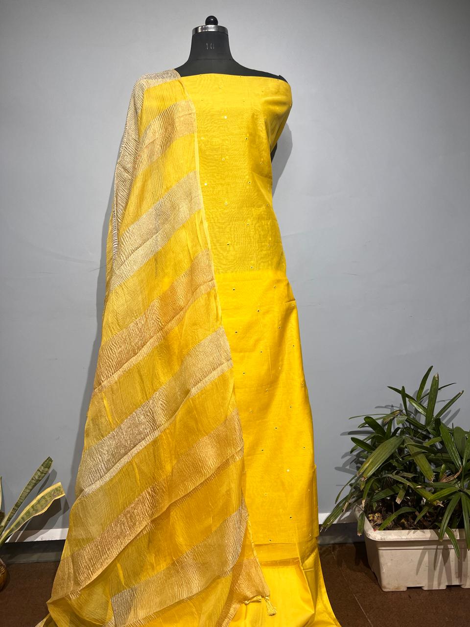 Exclusive Pure Banarasi Chanderi Silk Unstitched Suit with Organza Crushed Tissue Stripe Dupatta