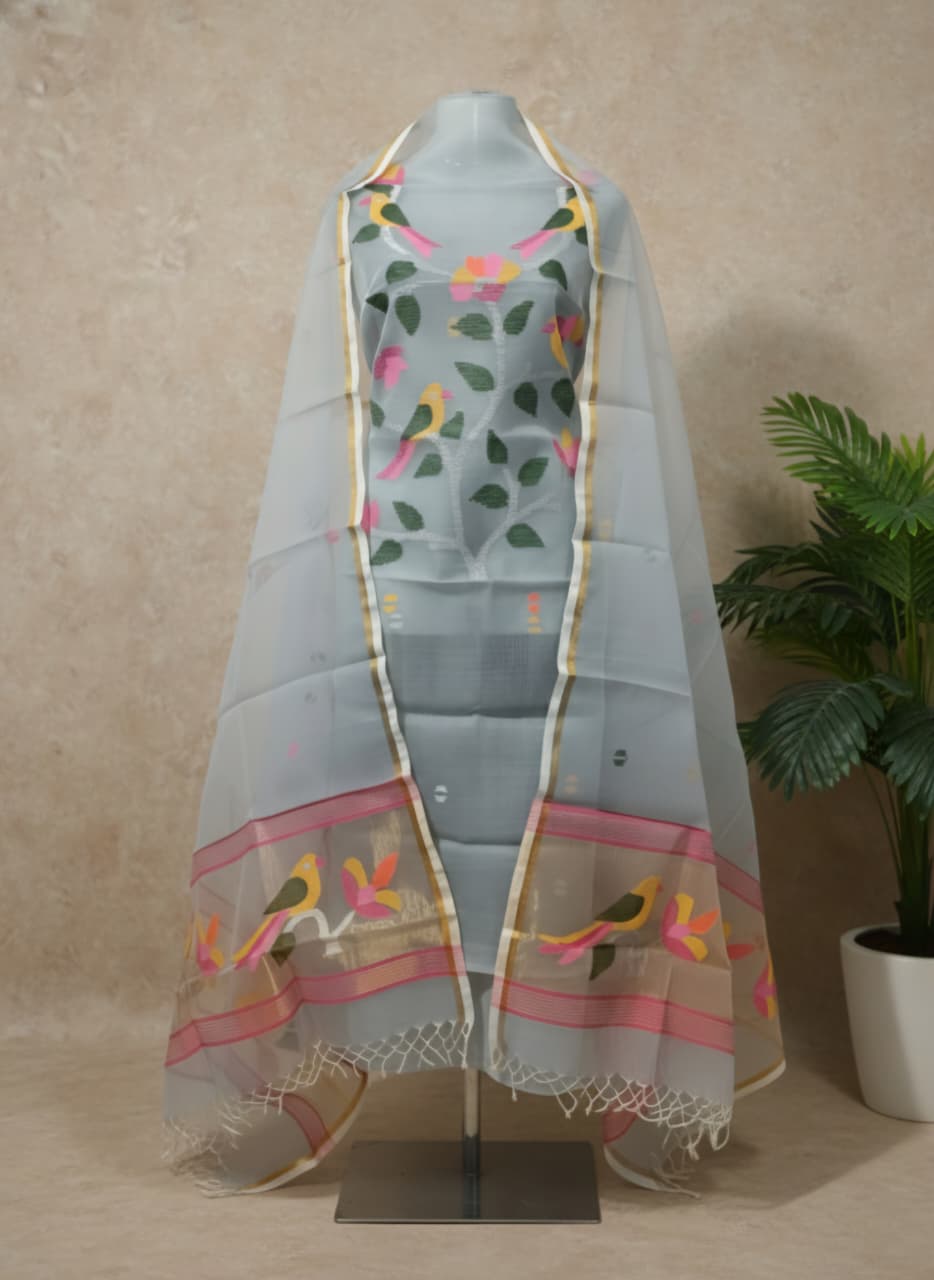 Pure Maslin Silk 2PC Jamdani Unstitched Suit .