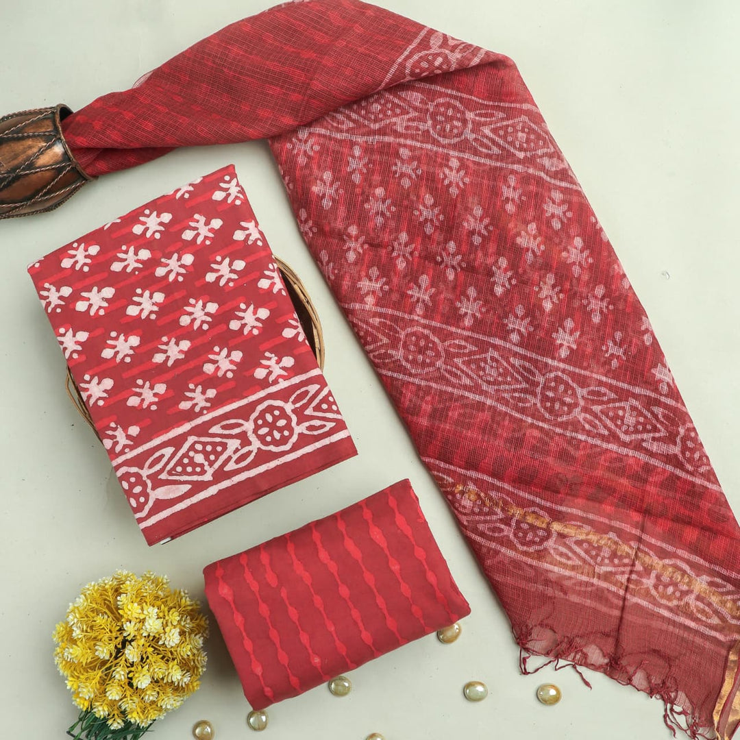 Pure Cotton Hand block print Unstitched Suit with Kota Dupatta .