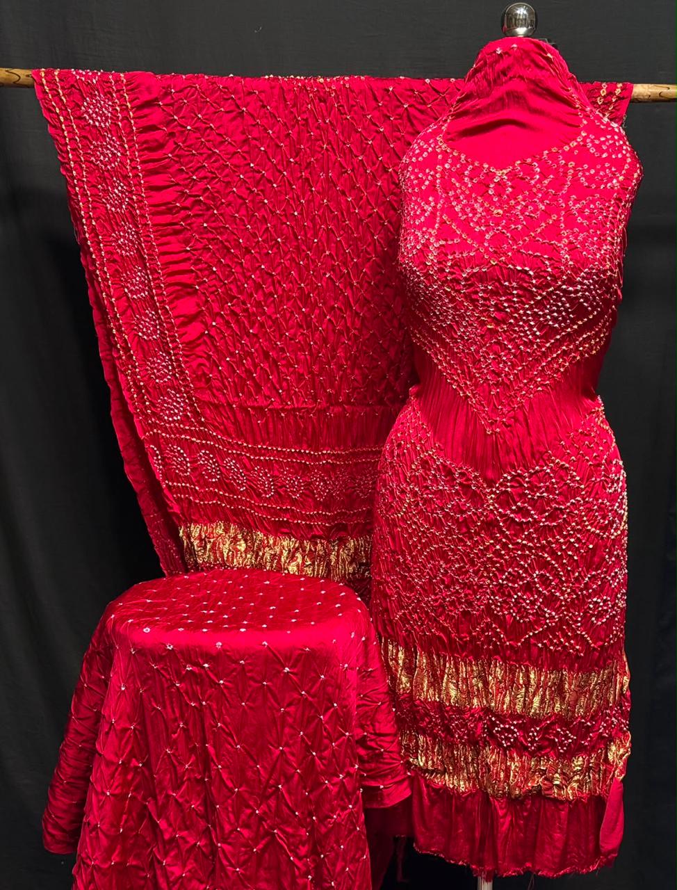 Premium Pure Modal Silk Rayi Bandhej 3-Piece Suit with Heavy Tissue Pallu Dupatta