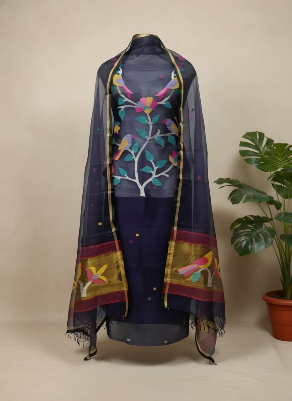 Pure Maslin Silk 2PC Jamdani Unstitched Suit .
