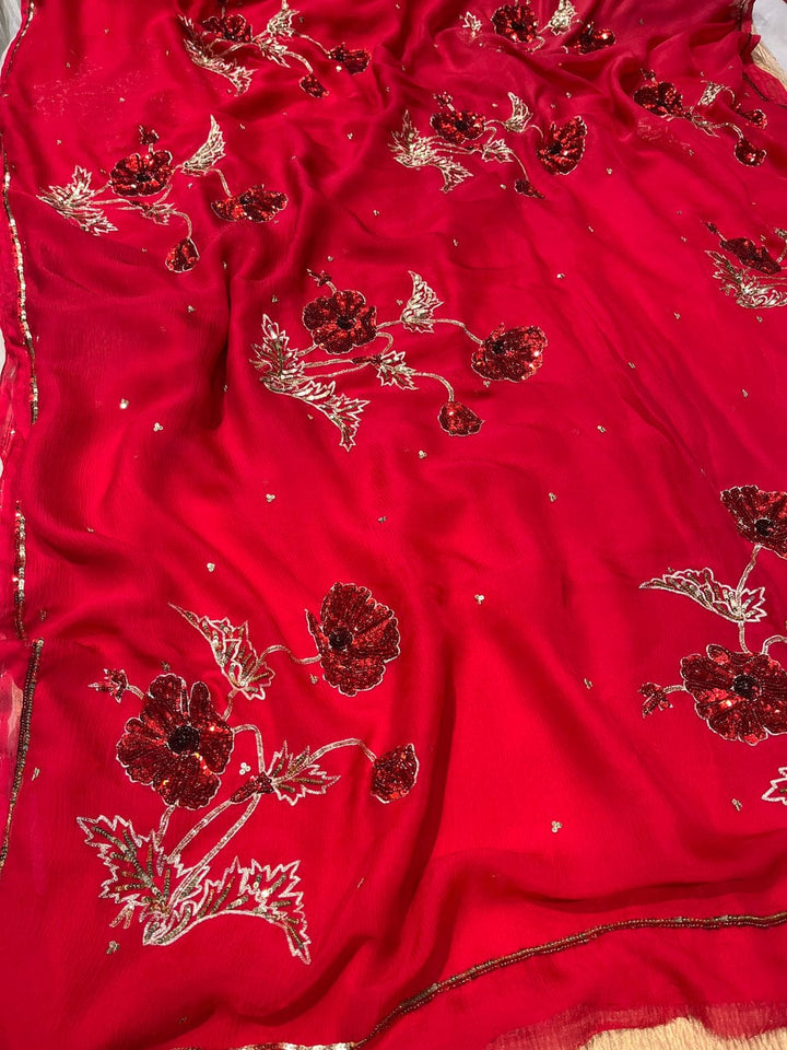 Pure Dimond Chiffon Sequnce Work Saree With Running Blouse.(9 Butti )