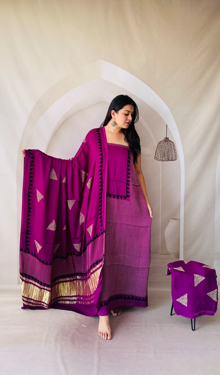 Pure Modal Silk Ajrakh Hand Block Zari Pallu Weaved 3pc Unstitched Suit
