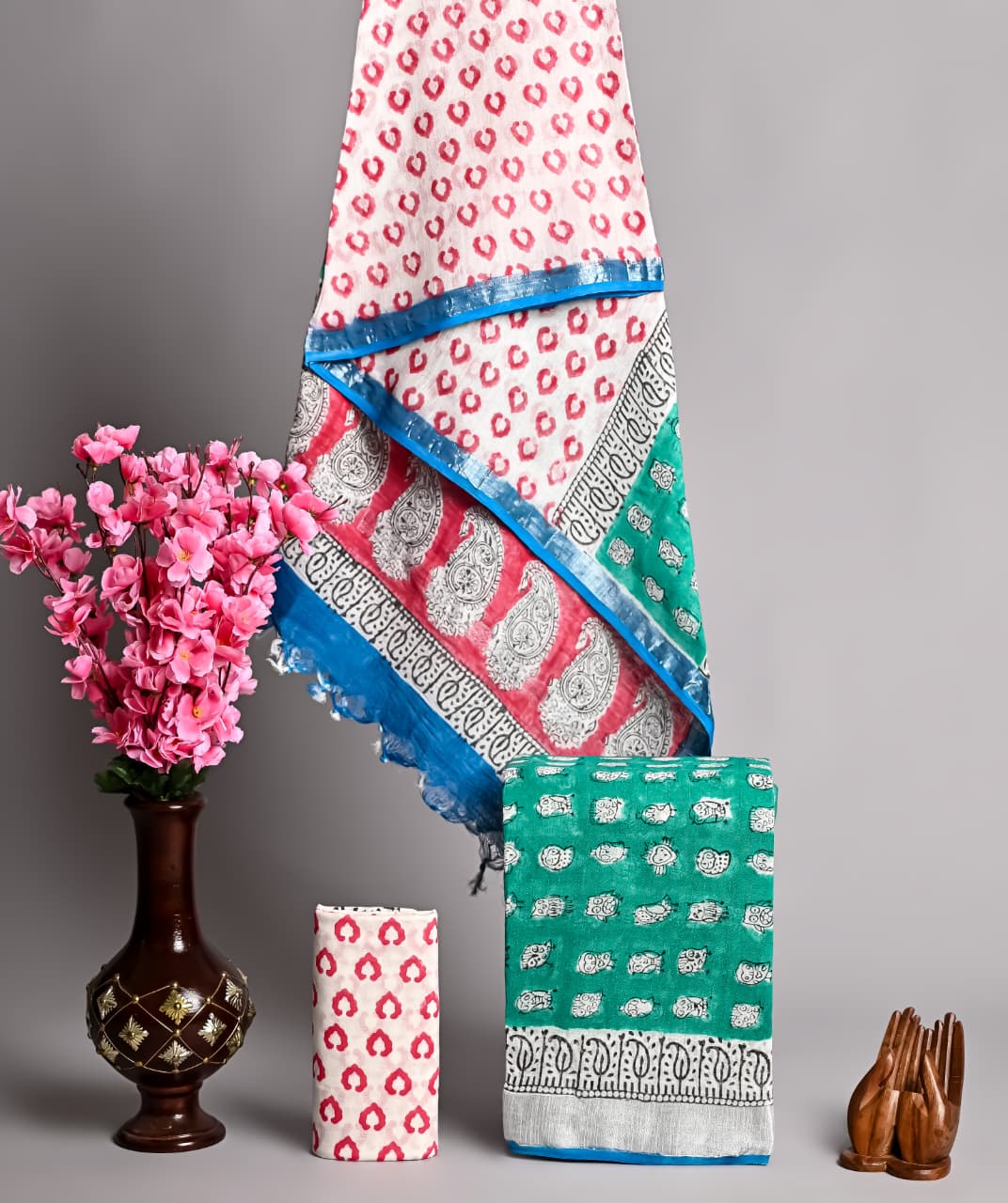 Hand Block Printed Linen Unstitched Suit .
