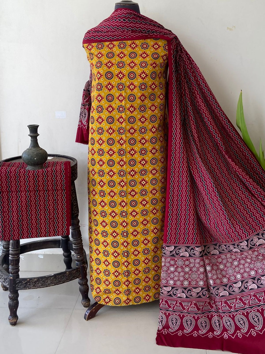 Pure Cotton Azrakh Print Unstitched Suit With  cotton Duppatta