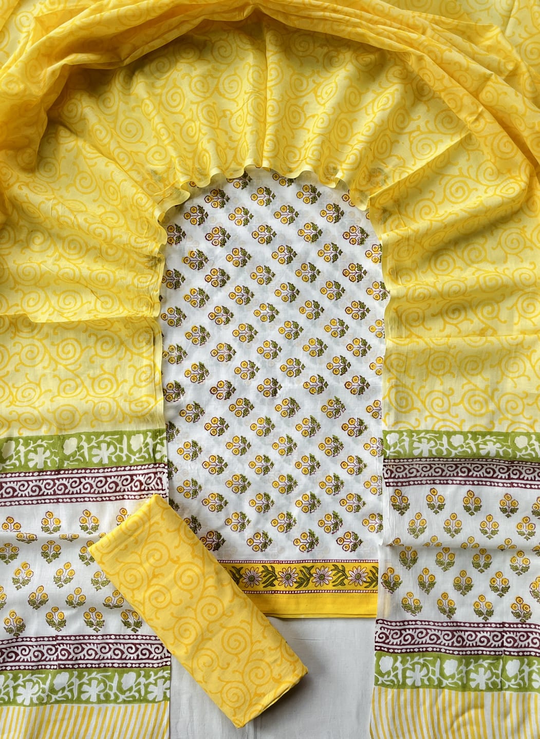 Pure Cotton Hand Block Print Unstitched Suit With Cotton Dupatta.