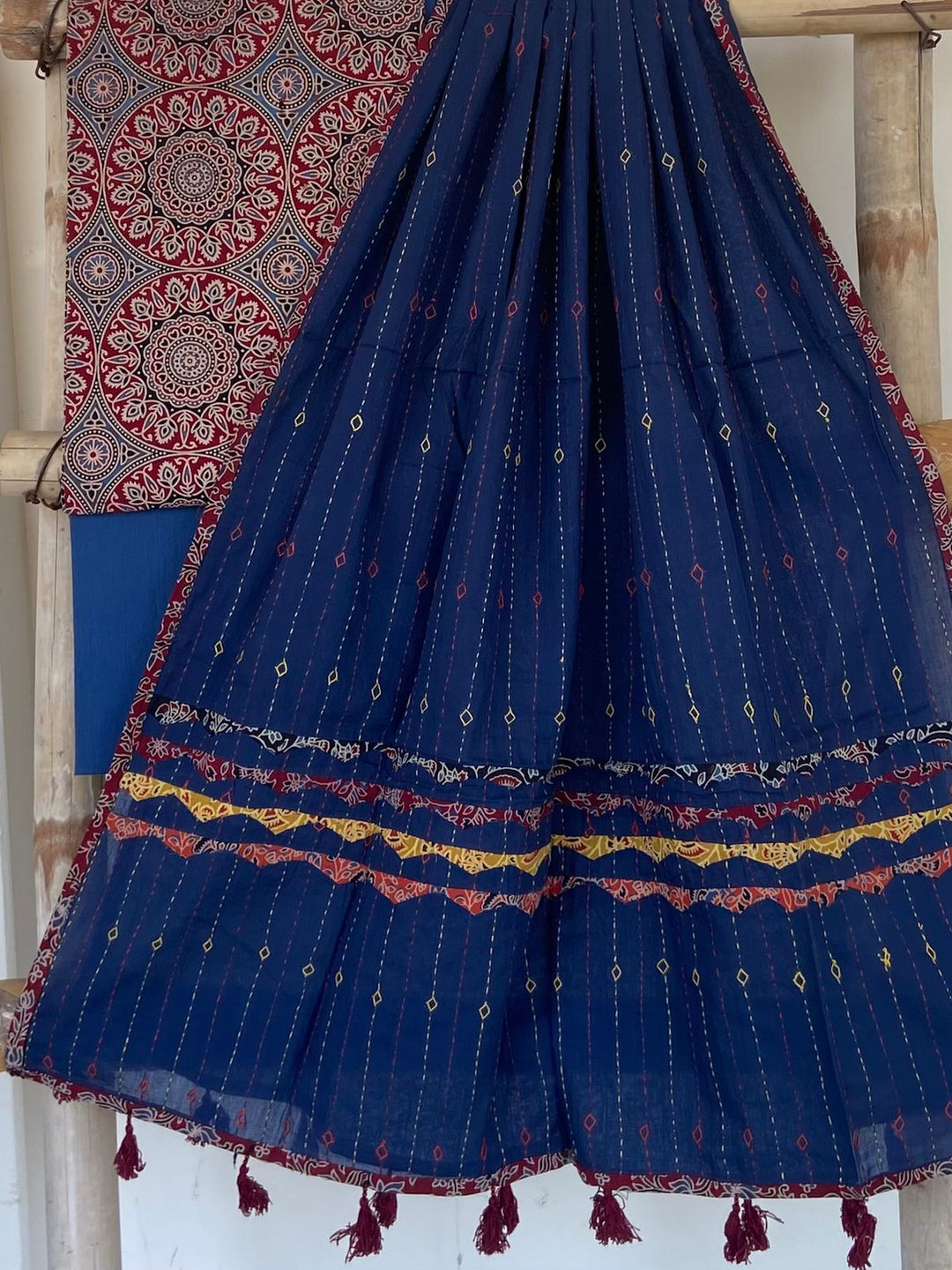 Pure Cotton Azrakh Print Unstitched Suit With Kantha work Dupatta ...