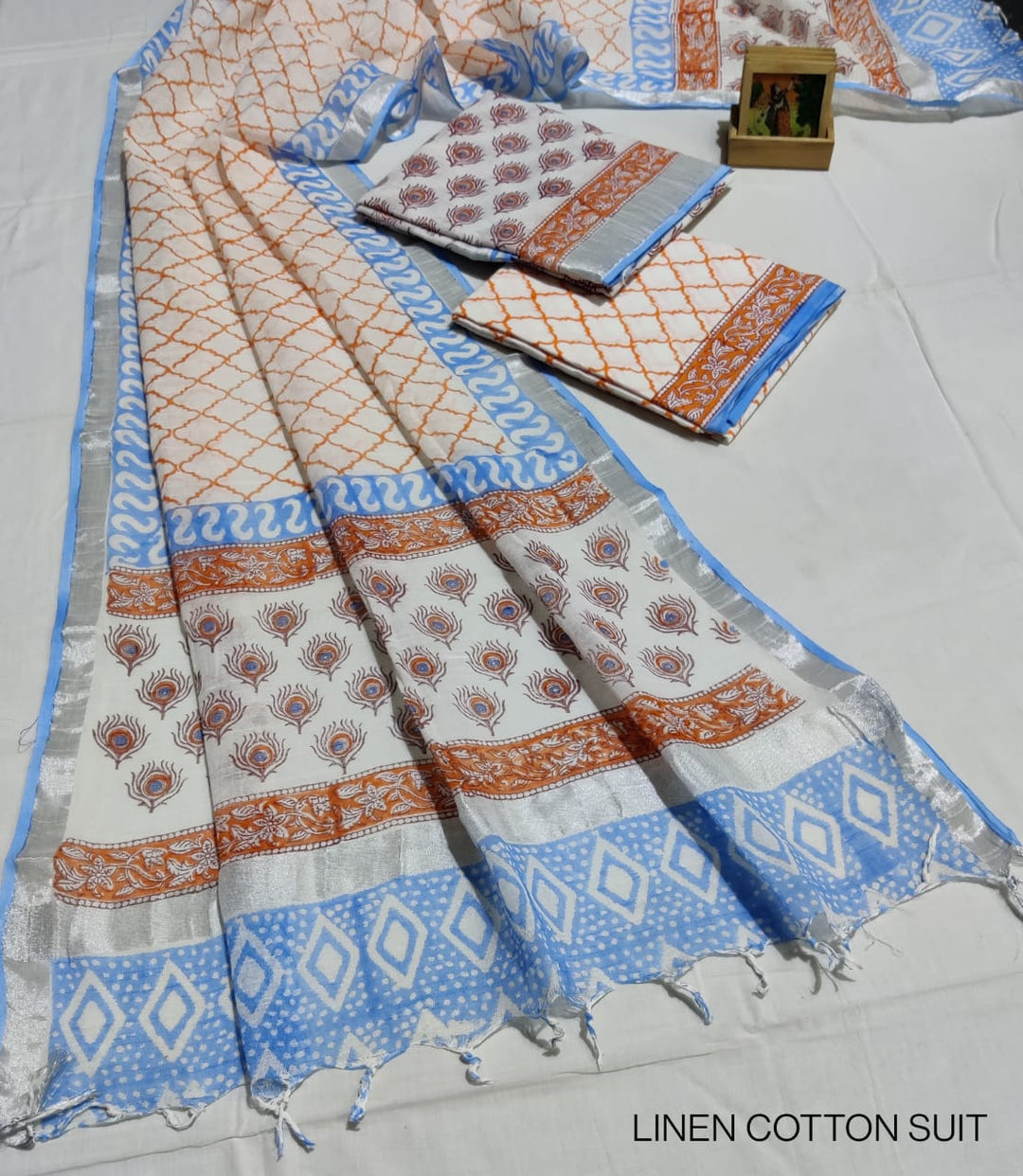 Hand Block Printed Linen Unstitched Suit .