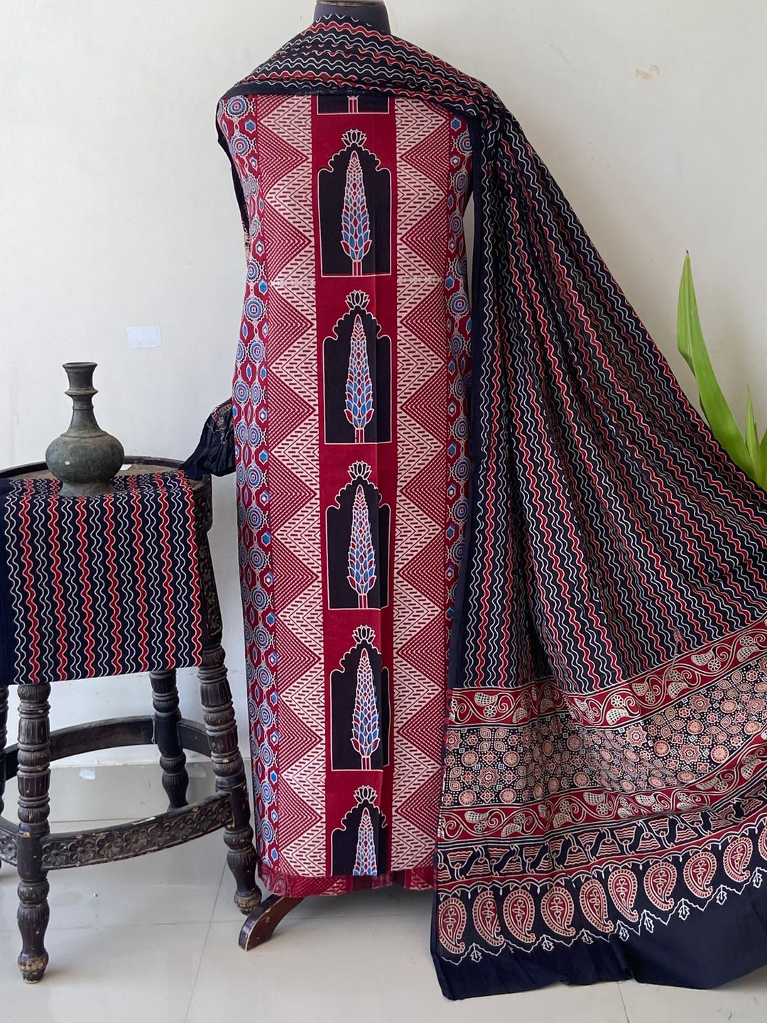 Pure Cotton Azrakh Print Unstitched Suit With  cotton Duppatta