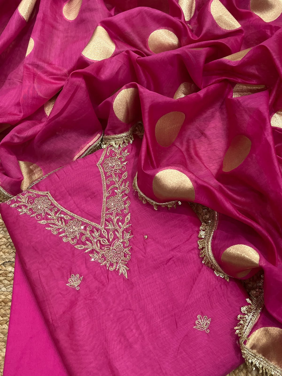 Pure Banarasi Mul Chanderi silk Hand Embroidery Unstitched Suit.(ANARKALI STYLE )