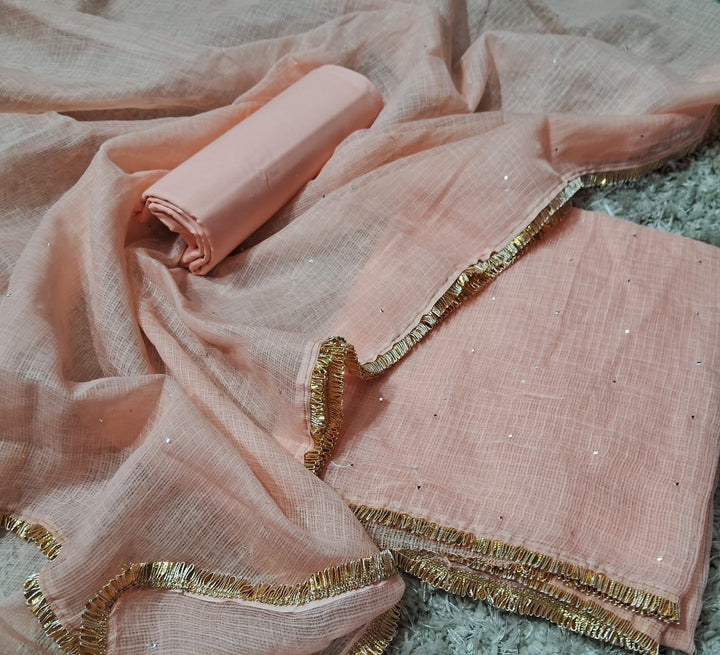 Pure Kota doria 3 pc Unstitched Suit with Mukaish work