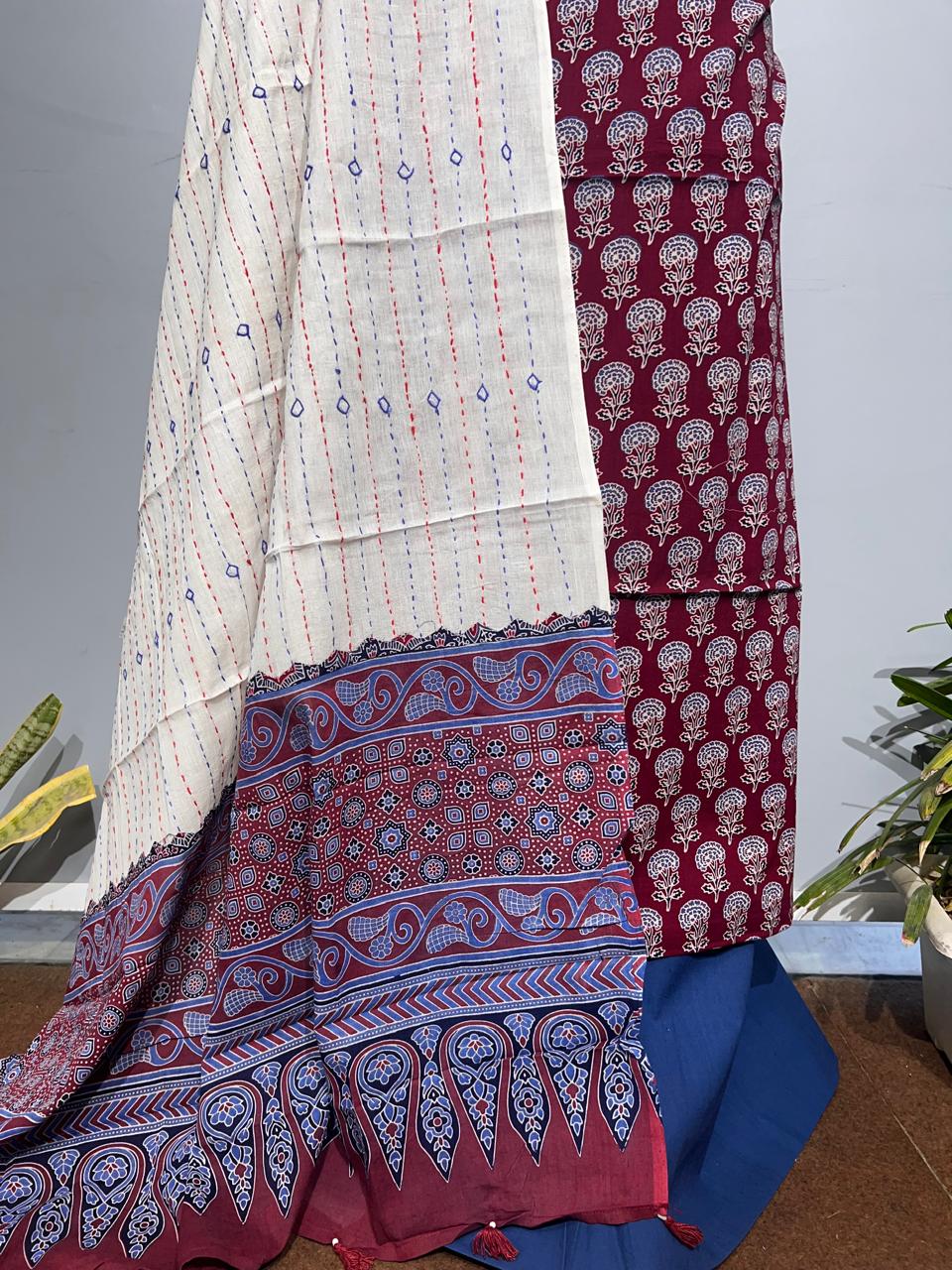 Pure Cotton Azrakh Print Unstitched suit With katha work Dupatta