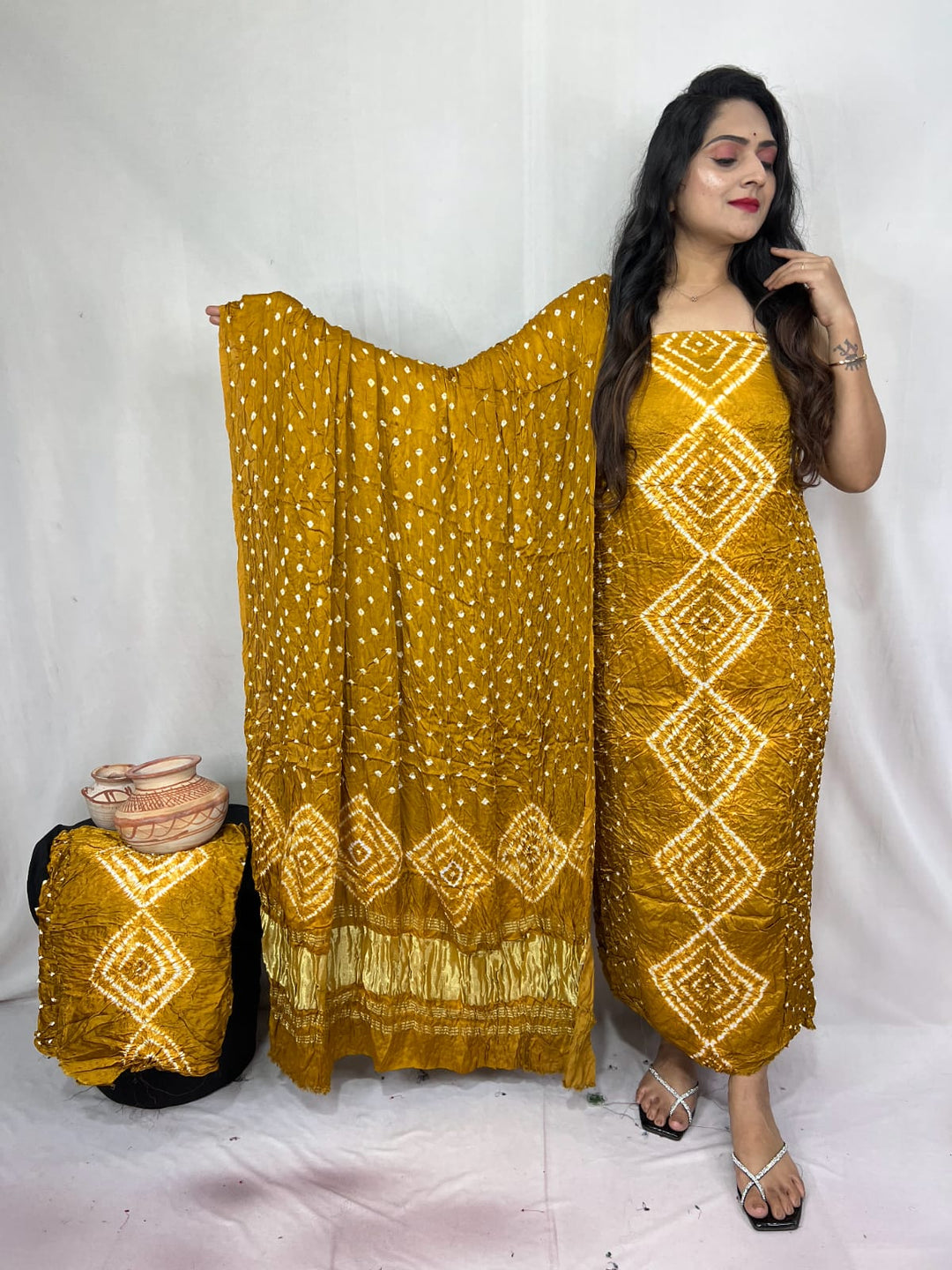 Pure Modal Silk Ajrakh Hend Block Zari Pallu Weaved 3pc Unstitched Suit .