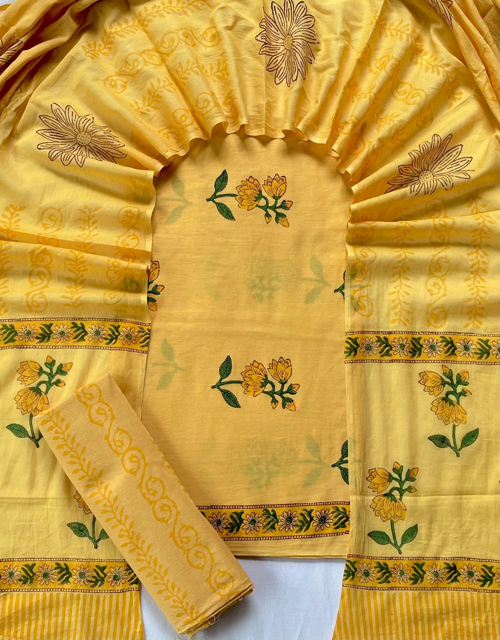 Pure Cotton Hand Block Print Unstitched Suit With Cotton Dupatta