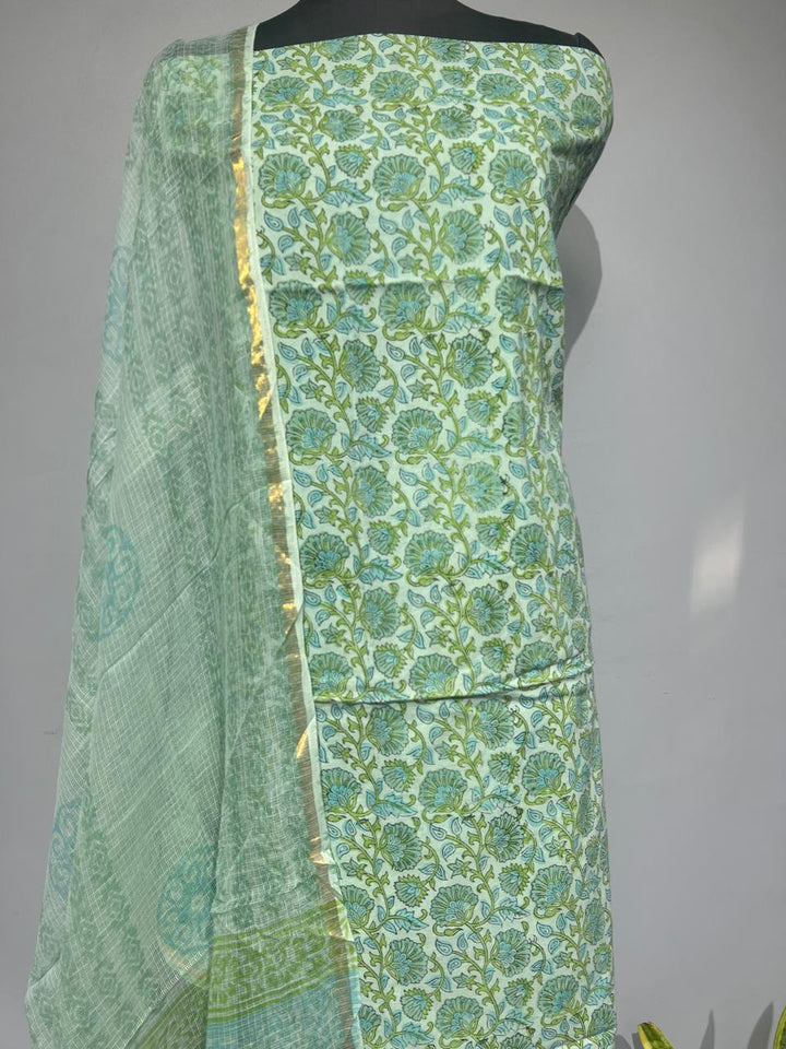 Pure Cotton Hand Block Print Unstitched Suit With Kota Dupatta