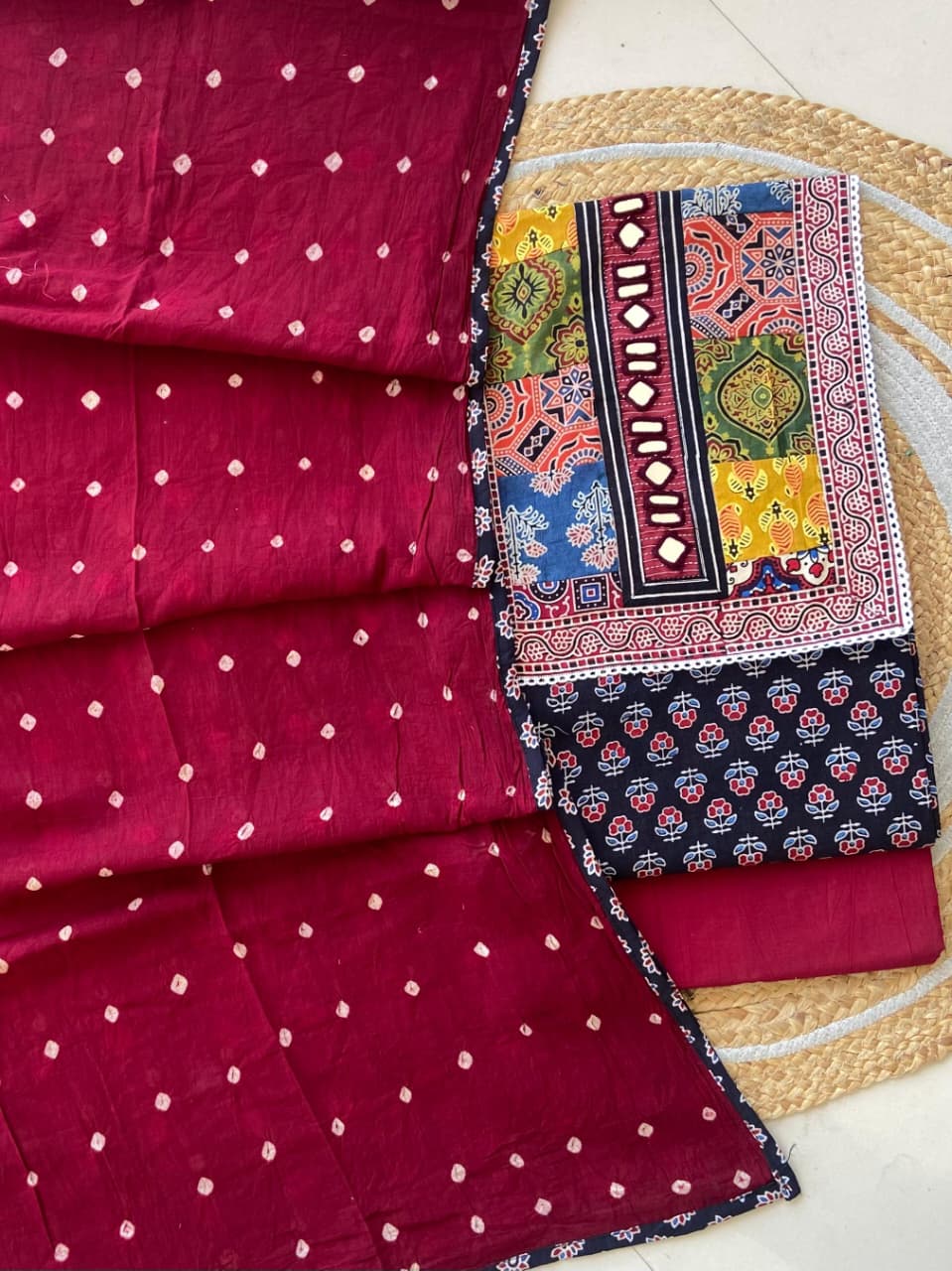 Pure Cotton Azrakh Print Unstitched Suit With Heavy Mirror Work