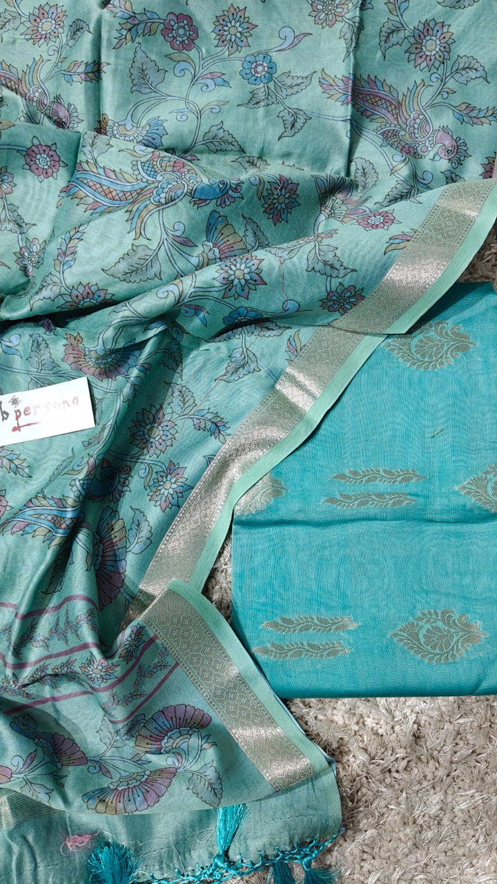Banarasi Chanderi Silk Zari Work Unstitched Suit With digital print dupatta.