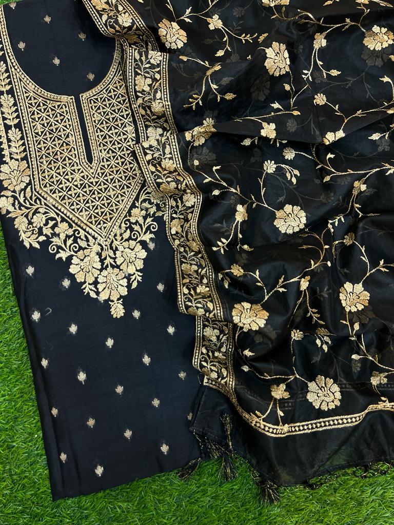 Pure Banarasi Resham Chanderi Silk Zari Embroidery Unstitched Suit With Pure Organza Zari Work Dupatta.