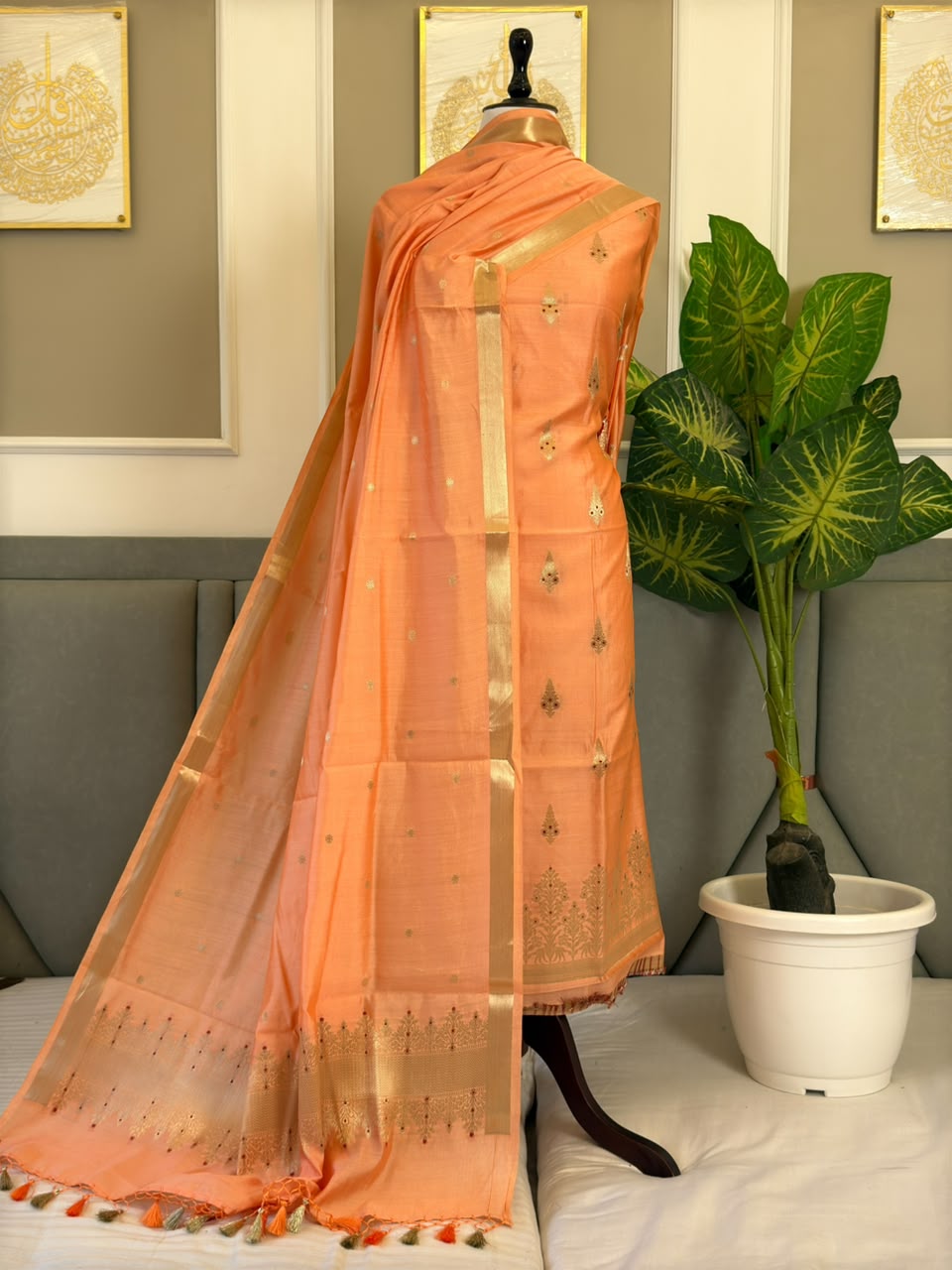 Pure Chiniya Silk Unstitched With Meena Buti Work and Chiniya Silk Dupatta