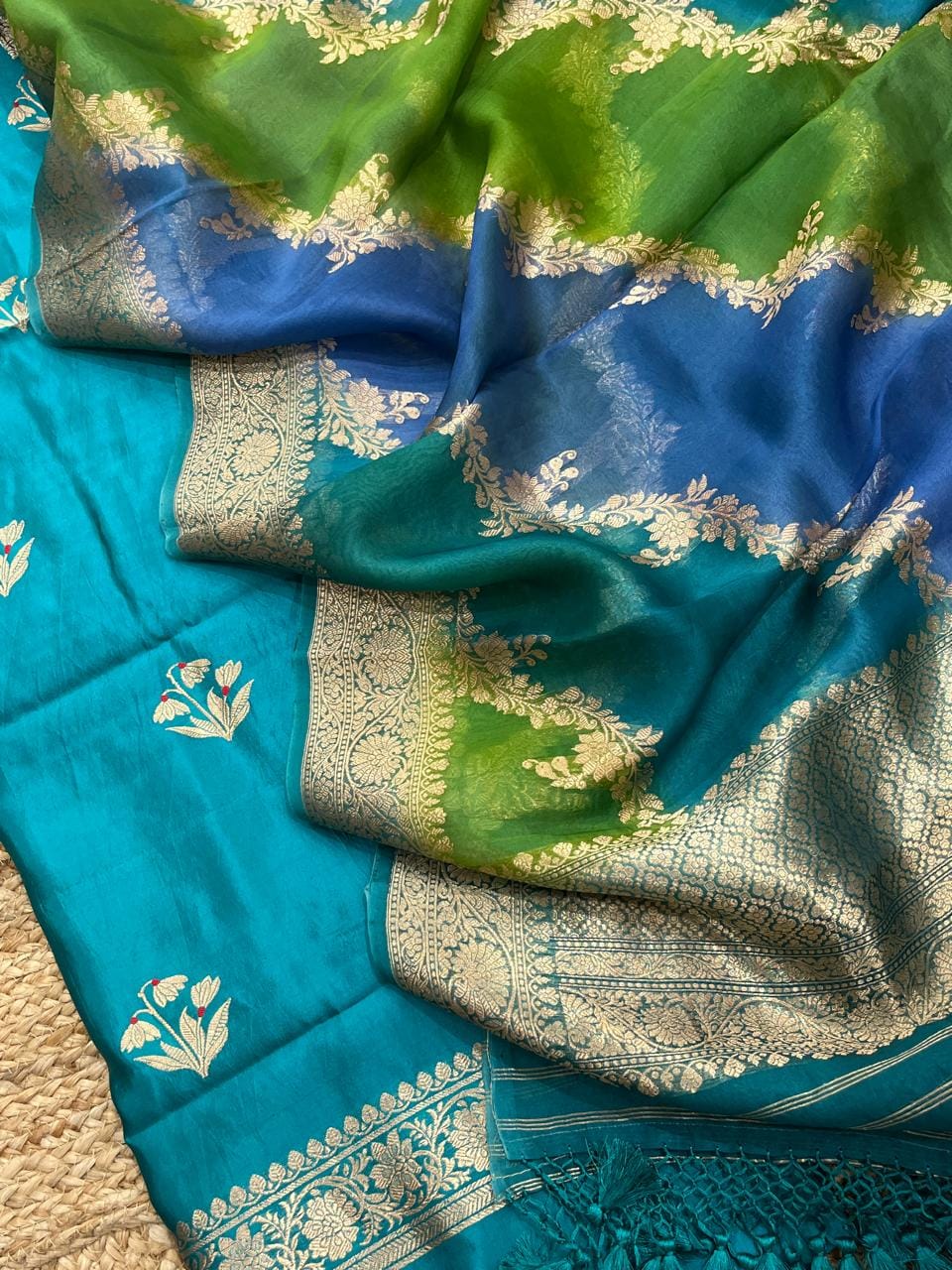 Pure Banarasi Raw Mango Silk Zari Weaved Unstitched Suit with Pure Khaddi Organza Dupatta.