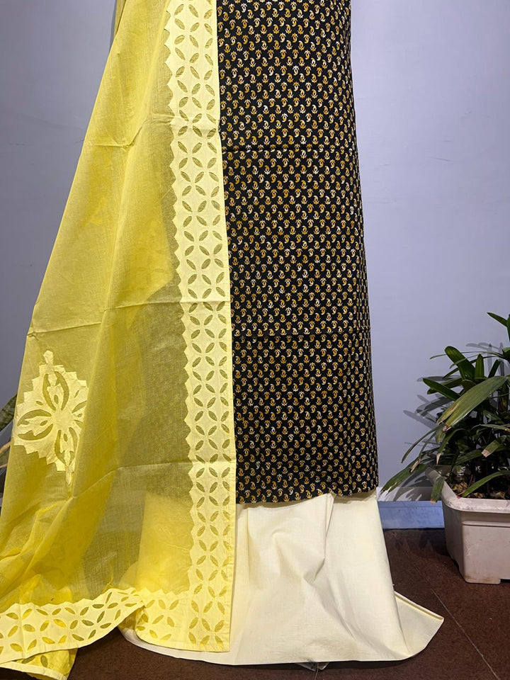 Pure Cotton Azrakh Print Unstitched suit With Applique work Dupatta