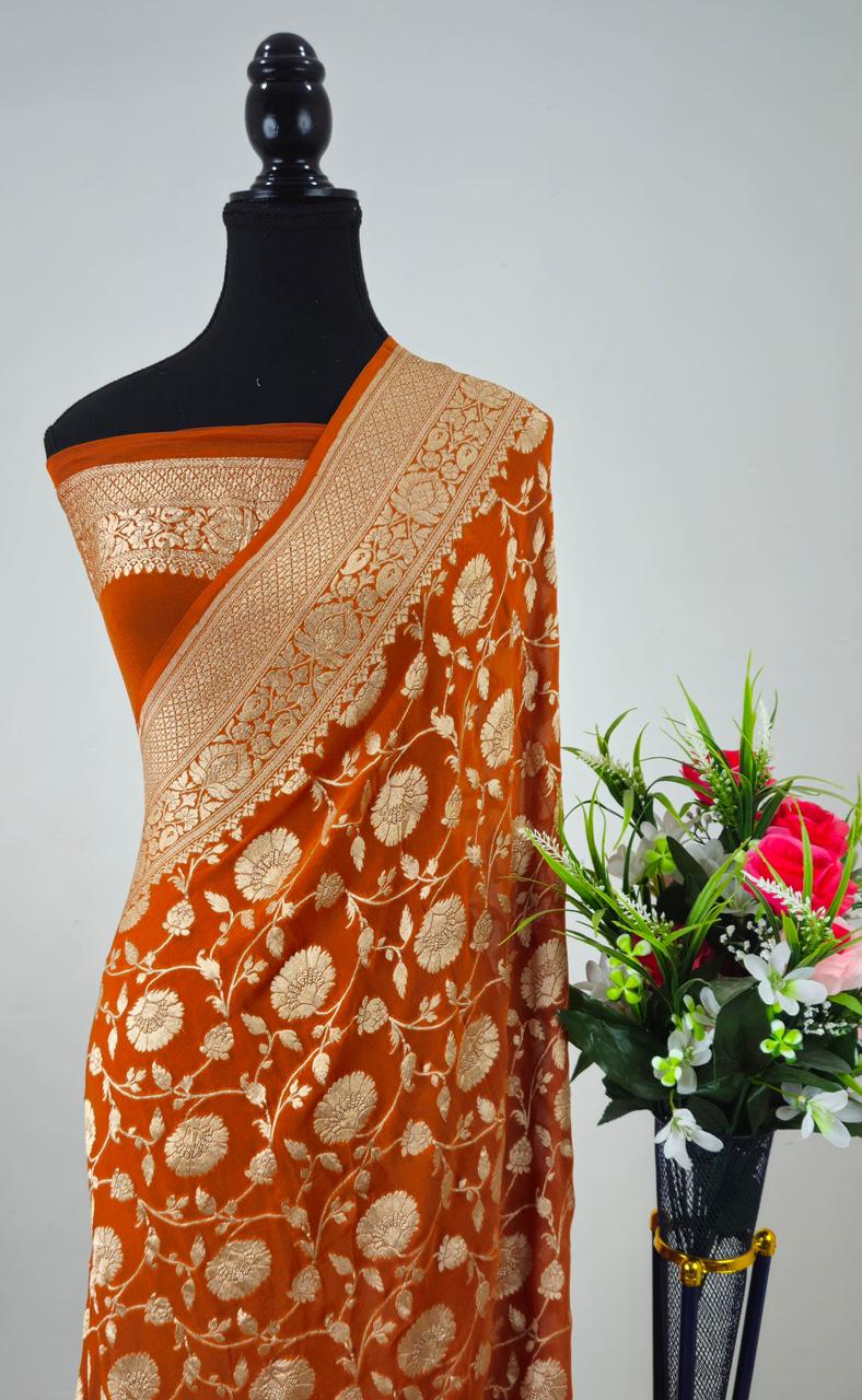 Pure Banarasi Handloom Khaddi Georgette Silk Water Zari Work Saree. | NEW EDITION |