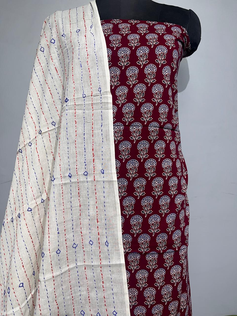 Pure Cotton Azrakh Print Unstitched suit With katha work Dupatta