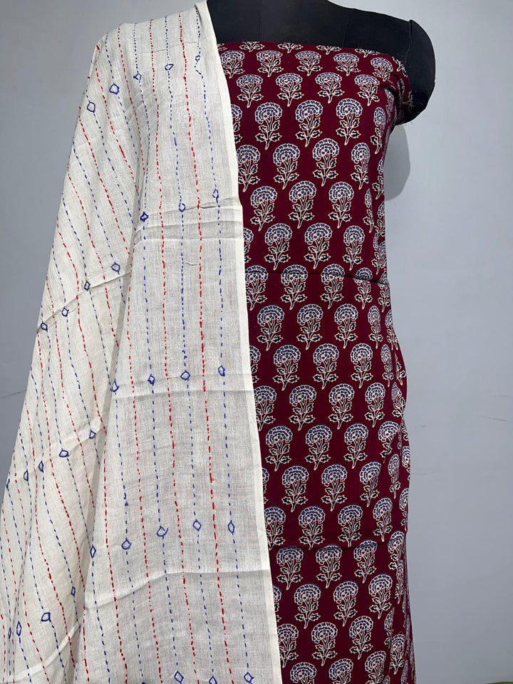 Pure Cotton Azrakh Print Unstitched suit With katha work Dupatta