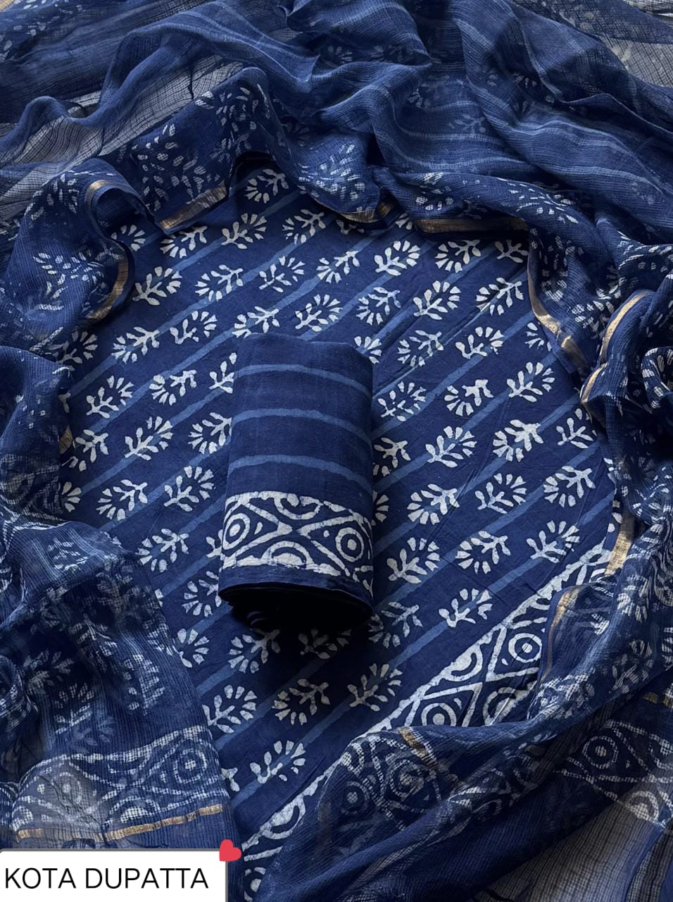 Pure Cotton Hand block print Unstitched Suit with Kota Dupatta