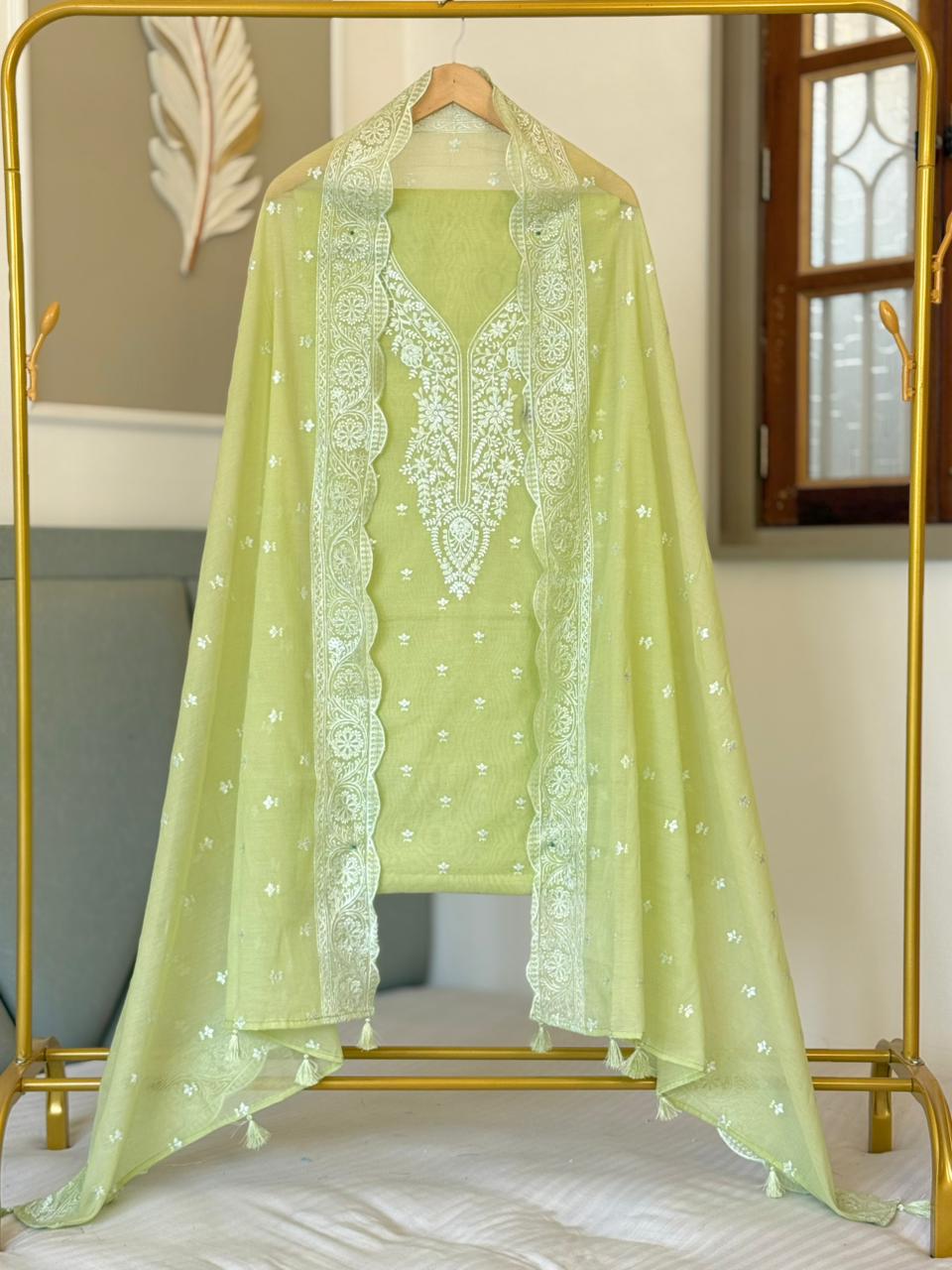 Pure Banarasi Mul Chanderi Silk Unstitched Suit With Embroidery Work