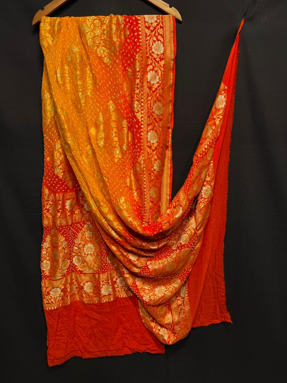Pure Khaddi Georgette Real Neem Zari Handloom Woven Rayi Bandhej Dupatta
