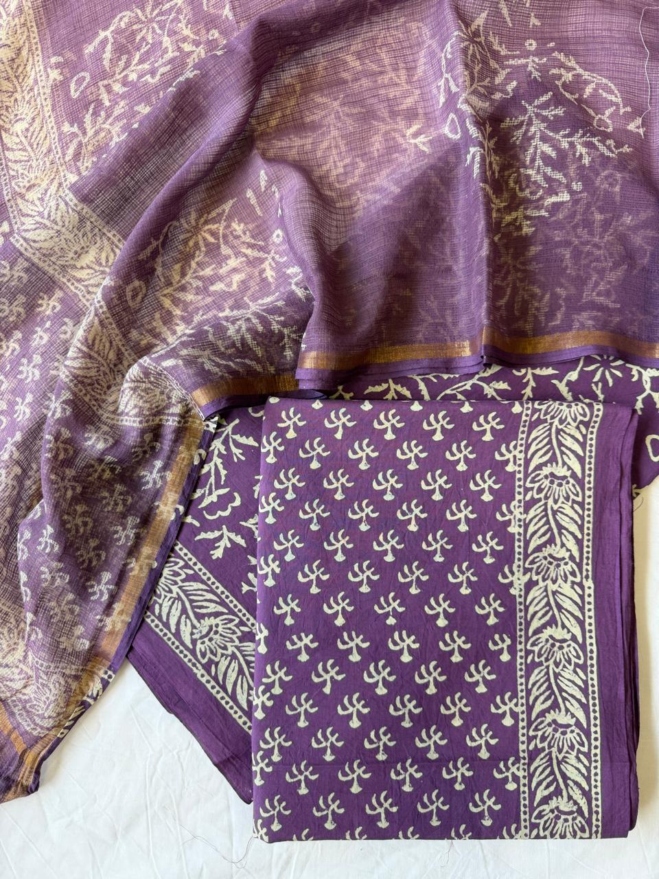 Pure Cotton Hand block print Unstitched Suit with Kota Dupatta