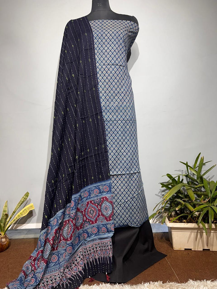 Pure Cotton Azrakh Print Unstitched suit With katha work Dupatta