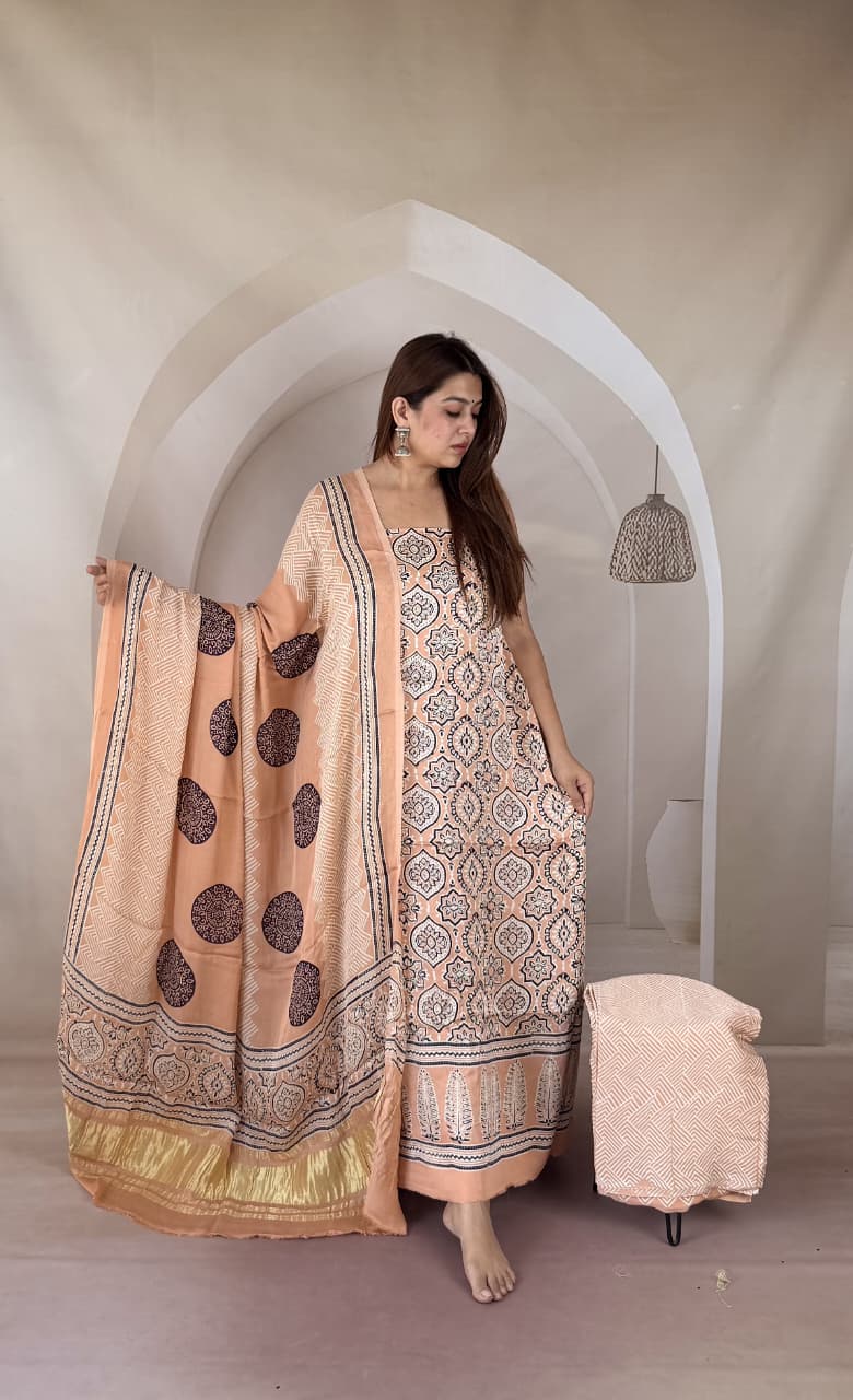 Pure Modal Silk Ajrakh Hand Block Zari Pallu Weaved 3pc Unstitched Suit