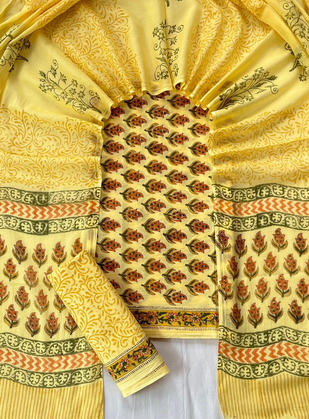 Pure Cotton Hand Block Print Unstitched Suit With Cotton Dupatta