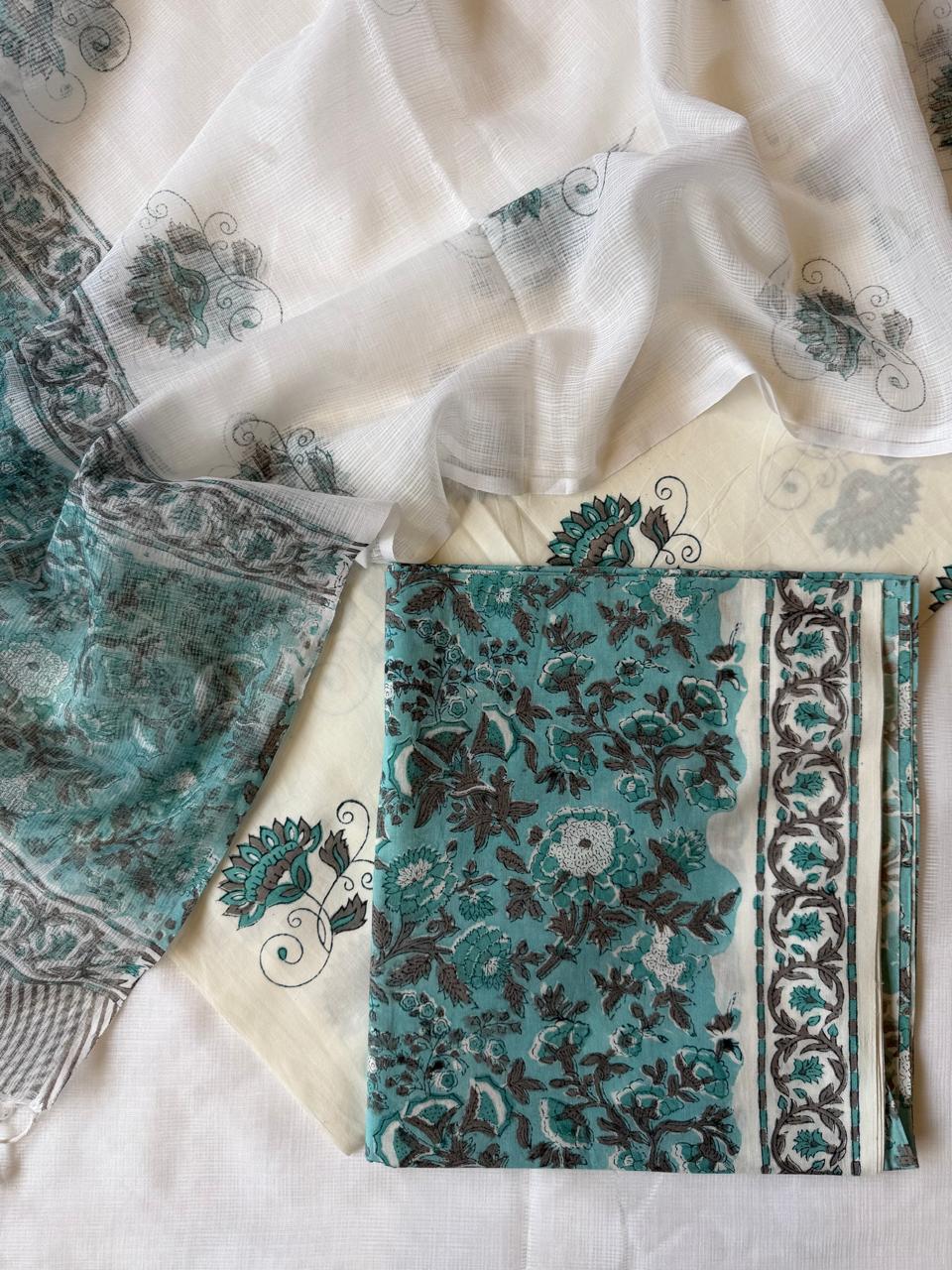 Pure Cotton Hand block print Unstitched Suit with Kota Dupatta